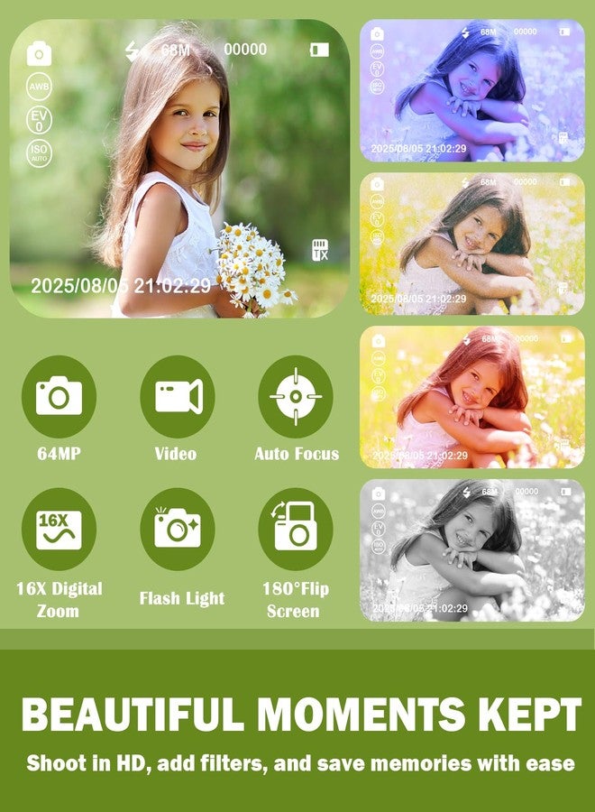 HEYMAO Kids Digital Camera 64MP 1080P 2.4" Flip Screen 32GB SD Card Camera for Kids Girls Toys 3-12 Year Old Girl Gifts - Image 3